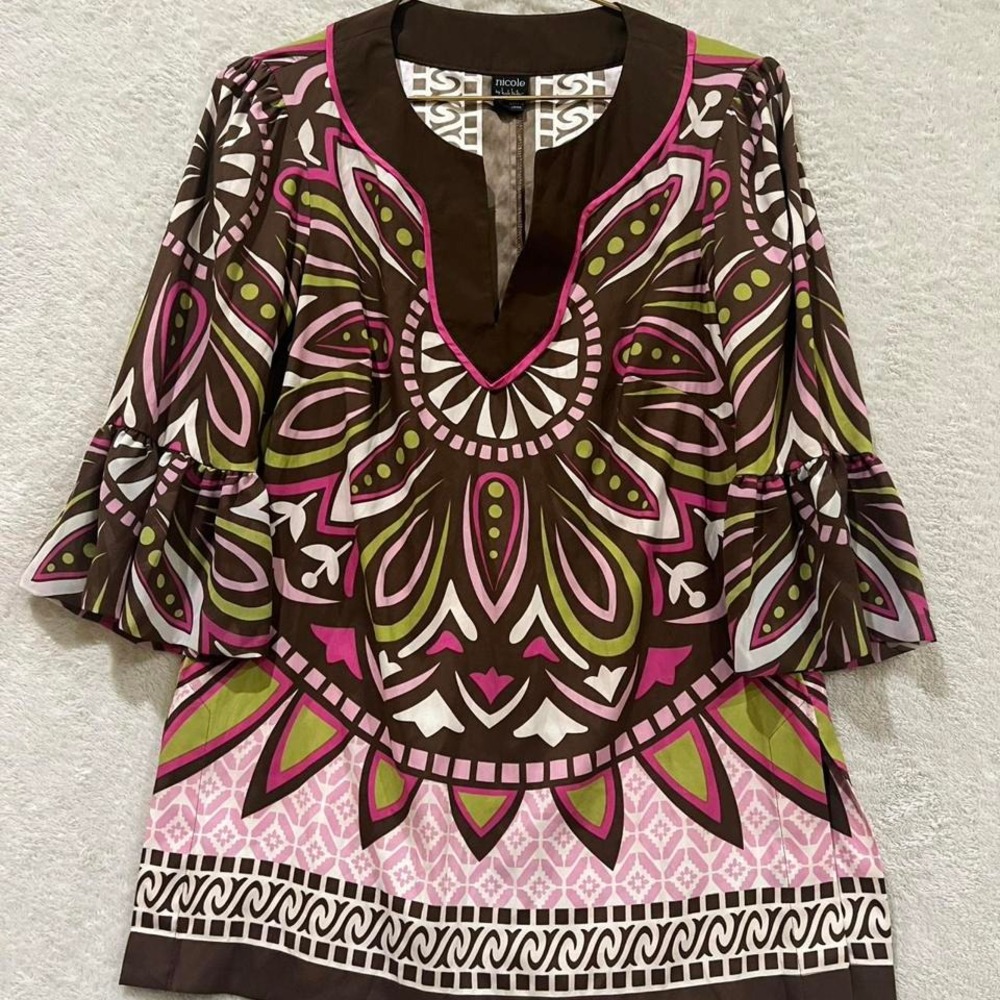 Y2K brown pink and green blouse Nicole Miller size small